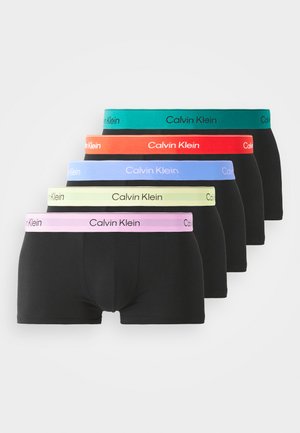 Black boxer briefs featuring a variety of colored waistbands: green, red, blue, lavender, and light green, with "Calvin Klein" logo.