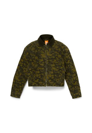 Dunkelgrüne, cropped Jacke mit floralem Muster, samt Kragen, Frontreißverschluss und zwei Fronttaschen. Texturiertes Material.