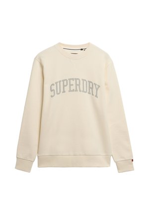 Sudadera de color crema con mangas largas, puños y cuello acanalados. Presenta la palabra "SUPERDRY" impresa en gris en el pecho. Textura suave.