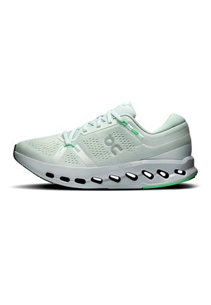Light green athletic running shoe with ventilated mesh upper, unique hollowed-out sole, lace-up design, and small green accent details.