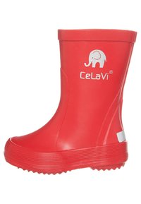 Botte de pluie en caoutchouc rouge avec une surface lisse et une semelle extérieure texturée. Présente un logo d'éléphant blanc et le nom de la marque "Celavi." Design mi-mollet.