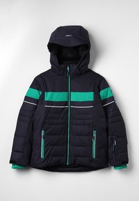 Veste d'hiver à capuche bleu marine avec des rayures vertes et blanches, fermeture éclair à l'avant, deux poches zippées et manches rembourrées.