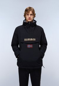 Black hooded jacket with a front pocket, featuring a logo patch and a Norwegian flag. Made of smooth fabric, with a relaxed fit and adjustable hood.