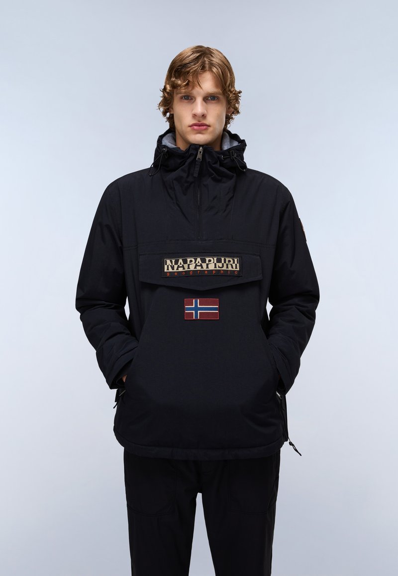 Black hooded jacket with a front pocket, featuring a logo patch and a Norwegian flag. Made of smooth fabric, with a relaxed fit and adjustable hood.