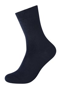 Granatowa bawełniana skarpetka o gładkiej fakturze, z prążkowanym brzegiem i wzmocnionym palcem. Skarpetka o długości kostki z bezszwową podeszwą dla komfortu.