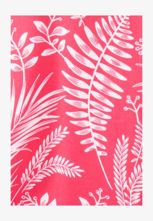 White botanical leaf and branch patterns on a textured bright pink fabric background.