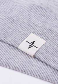 Gray ribbed beanie made of soft fabric with a folded cuff. Features a white label with a black graphic logo stitched on the side.