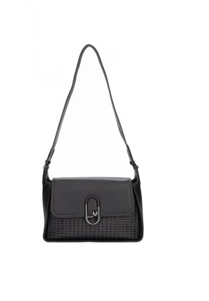 Borsa nera con parte superiore in pelle liscia e parte inferiore tessuta con una trama intrecciata, chiusura a patta e dettaglio metallico. Tracolla regolabile.