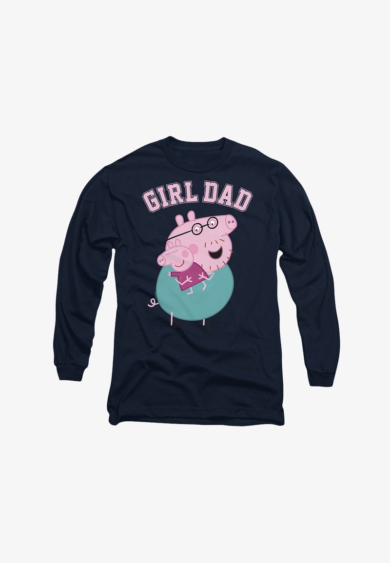 Navy long-sleeve shirt featuring a cartoon pig and child, with pink accents. Text reads "GIRL DAD" in bold, light pink letters above the design.