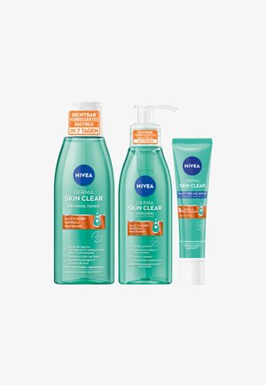 Three NIVEA skincare products: a green-toned toner bottle, a pump bottle for face wash, and a small exfoliating serum tube, each with labels.