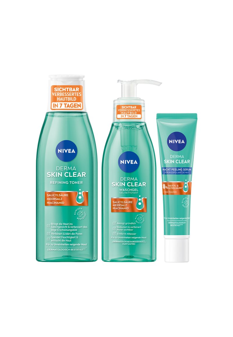 Three NIVEA skincare products: a green-toned toner bottle, a pump bottle for face wash, and a small exfoliating serum tube, each with labels.