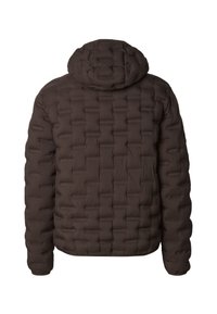 Brun vattert jakke med quiltet design, hette og elastiske mansjetter. Materialet virker mykt med en glatt tekstur og en litt blank finish.