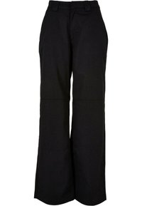 Pantalon noir à jambes larges avec passants de ceinture, poches avant et détails de coutures sur les jambes, présenté sur un fond blanc.