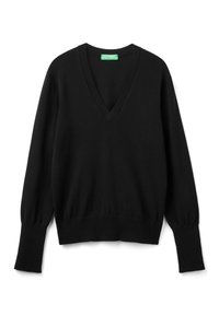 Svart långärmad V-ringad tröja med ribbomkantade ärmar och nederkant, liggande platt, som visar en grön United Colors of Benetton-etikett inuti kragen.