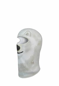 White fabric balaclava featuring a printed polar bear face, with a smooth texture and open eye and mouth areas. Logo on lower side.