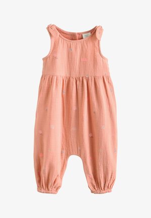 Ujjatlan, őszibarack színű baba rugdalózó vállra kötött masnikkal, szűkített derékkal és bokákkal, finom kis mintázatos nyomattal.