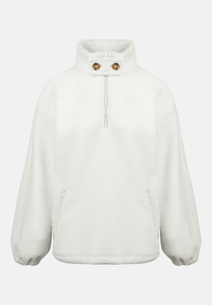 White fleece pullover with a high collar, two brown buttons at the neck, and elastic cuffs. Features side pockets for added convenience.