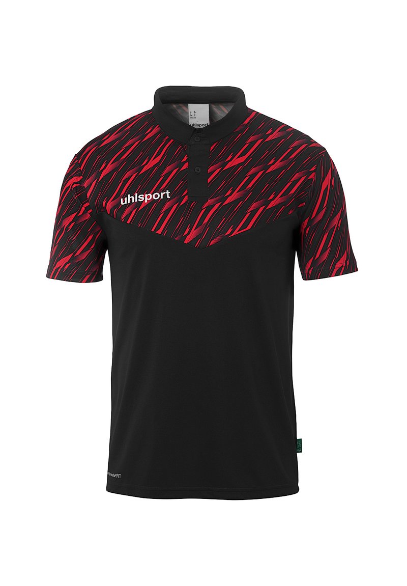 Polo noir avec un motif abstrait rouge et noir sur la section supérieure. Doté d'un col et de boutons, fabriqué à partir d'un matériau léger.