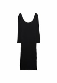 Schwarzes Kleid mit rundem Ausschnitt und Spitze, dreiviertellange Ärmel, figurbetonter Schnitt, glatte Textur. Keine Muster oder Akzente.
