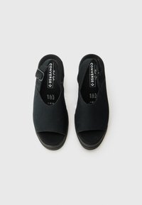 Des chaussures noires en toile à enfiler, ouvertes à l'avant, avec une bride arrière et une semelle en caoutchouc ; elles présentent un design minimaliste et un logo Converse sur les semelles intérieures.