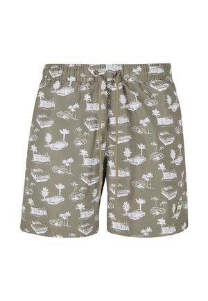 Herrsim shorts i olivgrön färg med ett mönster av vita palmer och vintagebilar. Har en elastisk midjeband med snörning.