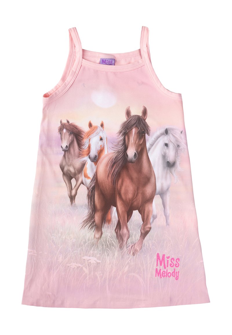 Abito senza maniche rosa con quattro cavalli grafici su uno sfondo erboso. "Miss Melody" è stampato in rosa sul davanti. Materiale in cotone.