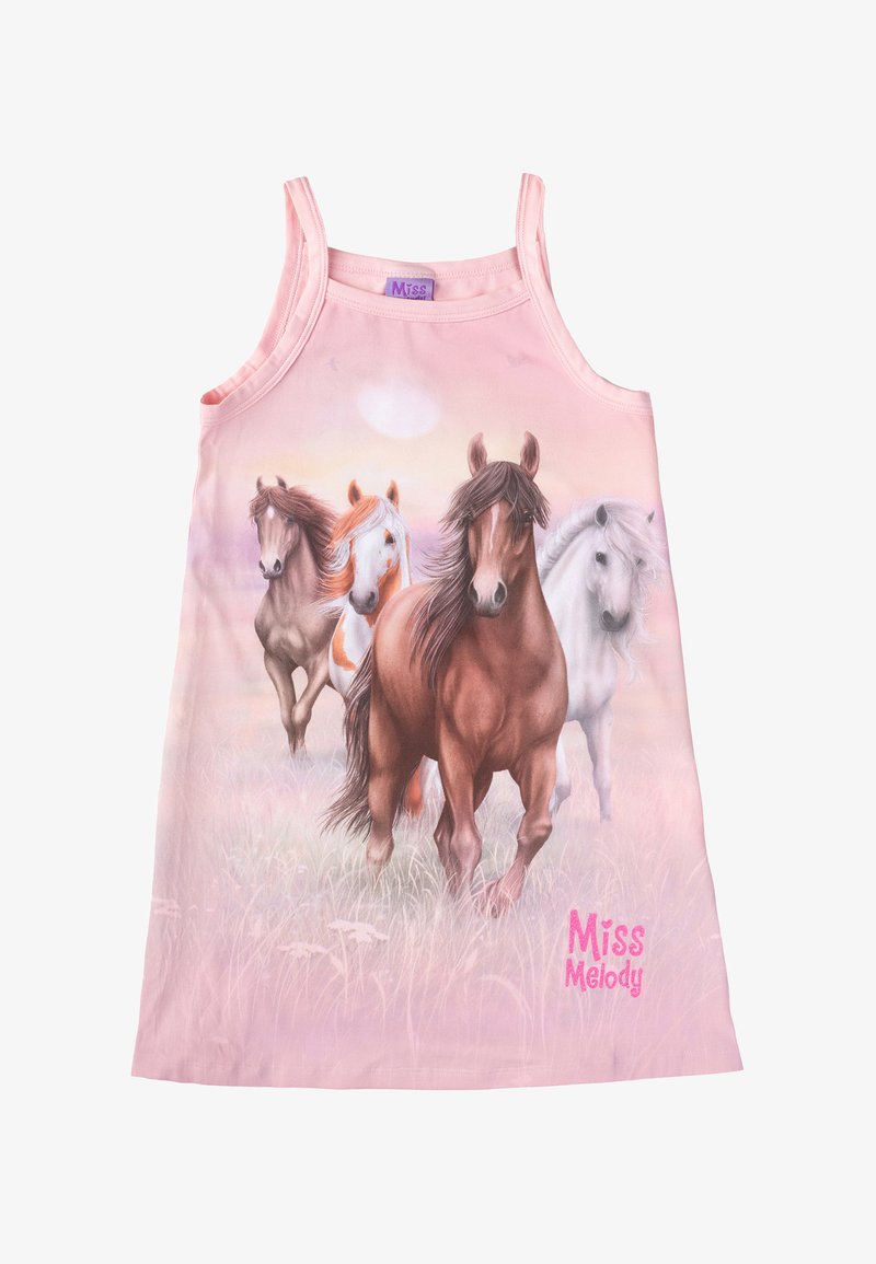 Abito senza maniche rosa con quattro cavalli grafici su uno sfondo erboso. "Miss Melody" è stampato in rosa sul davanti. Materiale in cotone.