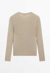 Beige geribbelde lange mouw top met een ronde halslijn, voorzien van een getailleerde pasvorm en subtiele textuur, ontworpen voor een aansluitende fit.