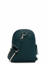 Türkiser Leder-Rucksack mit runder Form, silbernen Beschlägen, verstellbarem Tragegurt und strukturiertem Material. Mit Reißverschluss und seitlichem Quasten-Detail.