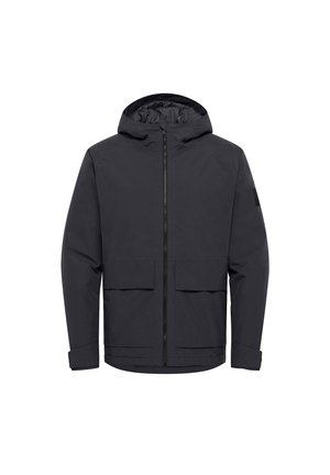 Dunkelgraue wasserdichte Jacke mit Kapuze, durchgehendem Frontreißverschluss und zwei großen Fronttaschen. Verfügt über einen dezent strukturierten Stoff und verstellbare Ärmelabschlüsse.