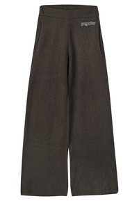 Široké nohavice z tmavosivej fleece látky, so širokým pásom a bočnými vreckami. Na prednej strane je zobrazené logo značky.