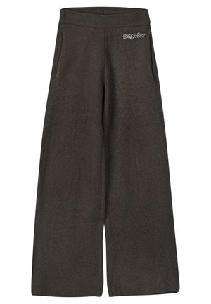 Weit geschnittene Hose aus dunkelgrauem Fleece-Material, mit einem Bund und Seitentaschen. Vorn mit dem Markenlogo versehen.