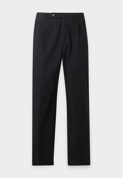 Pantalon formel noir avec fermeture par bouton et zip, poches latérales et coupe droite, présenté à plat sur fond blanc.