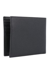 Schwarzes Lederportemonnaie mit strukturierter Oberfläche, das über mehrere Kartenfächer und ein minimalistisches Design verfügt. Geöffnet, um das Innenlayout zu zeigen.