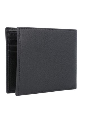 Cartera de cuero negro con un acabado texturizado, que cuenta con múltiples ranuras para tarjetas y un diseño minimalista. Abierta para mostrar el diseño interior.