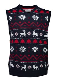 Granatowy bezrękawnik z dekoltem w serek, zdobiony białymi reniferami, p�łatkami śniegu, czerwonymi sercami oraz geometrycznymi wzorami na całej powierzchni dzianiny.