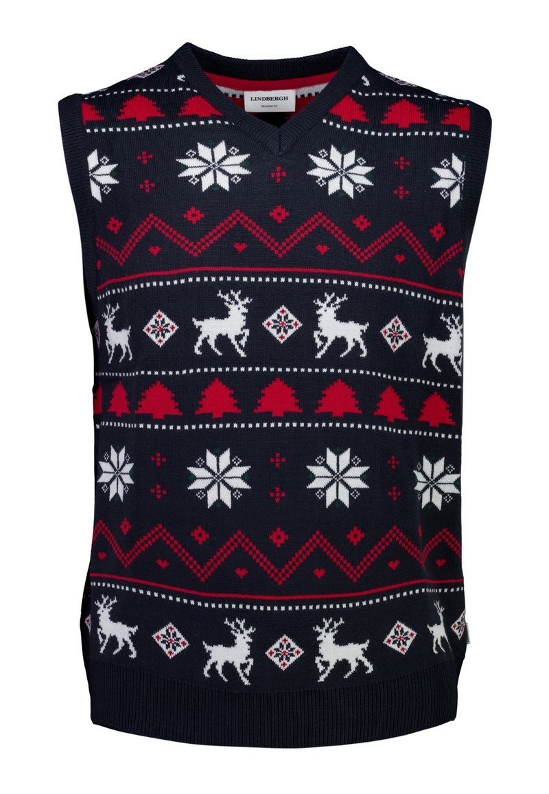 Granatowy bezrękawnik z dekoltem w serek, zdobiony białymi reniferami, płatkami śniegu, czerwonymi sercami oraz geometrycznymi wzorami na całej powierzchni dzianiny.