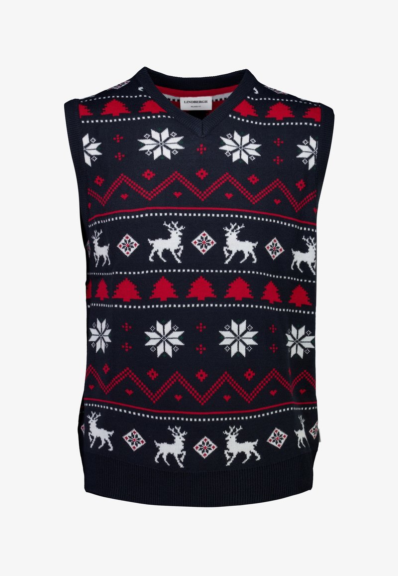 Marineblauer ärmelloser Pullover mit V-Ausschnitt, der weiße Rentiere, Schneeflocken, rote Herzen und geometrische Muster im gesamten Strickdesign zeigt.