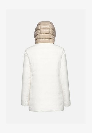 Giubbotto bianco imbottito con cappuccio beige trapuntato, maniche lunghe e design dritto, con una superficie in tessuto liscia.