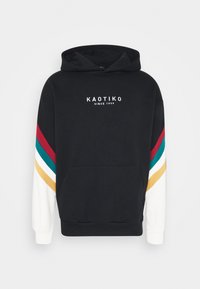Felpa nera con tasca a marsupio. Presenta strisce colorate in rosso, verde acqua, giallo e bianco sulle maniche. Logo sul petto. Materiale in cotone.