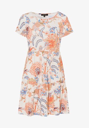 Floral-patterned dress in light fabric with short sleeves, round neckline, and tiered skirt. Features vibrant peach, blue, and green hues.
