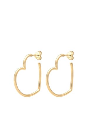 Pair of small gold hoop earrings shaped like hearts with butterfly backs on a white background.