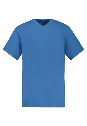 Blaues Baumwoll-T-Shirt mit V-Ausschnitt, kurzen Ärmeln, geradem Schnitt und glatter Textur. Keine sichtbaren Muster oder Akzente.