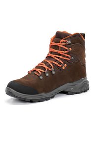 Bota de senderismo marrón con cordones naranjas, que presenta un collarín acolchado, ganchos de metal y una suela de goma duradera. Material de ante con acentos texturizados.