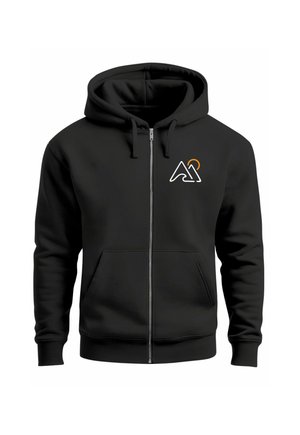 Black zip-up hoodie made of soft fabric. Features a kangaroo pocket and a logo in white and orange on the left chest area.