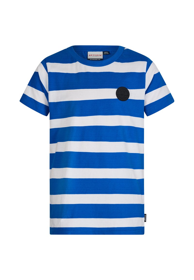 Niebieska i biała w paski koszulka z krótkim rękawem, okrągłym dekoltem oraz czarną, okrągłą naszywką logo na piersi. Wykonana z materiału bawełnianego.