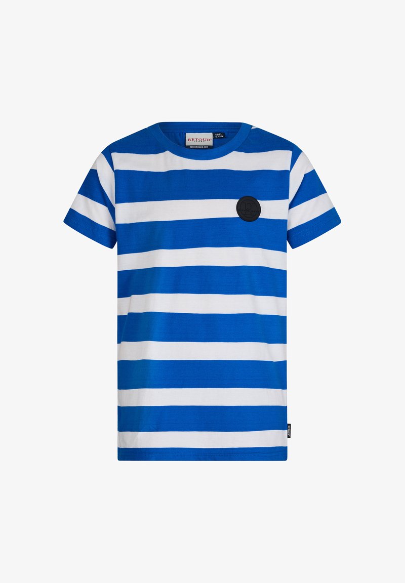 Niebieska i biała w paski koszulka z krótkim rękawem, okrągłym dekoltem oraz czarną, okrągłą naszywką logo na piersi. Wykonana z materiału bawełnianego.