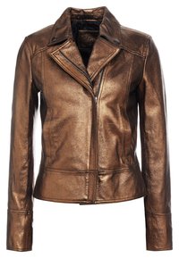 Motocyklová bunda z metalického bronzového kožešinového materiálu s klopovým límcem, zipem vpředu a ramenními epauletami. Disponuje upraveným střihem a hladkou texturou.