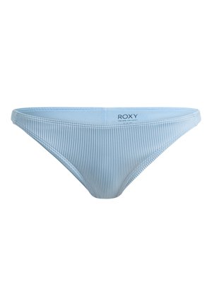 Világoskék bikinitartó alsó, függőleges csíkokkal, sima anyagból készült. Alacsony derekú kialakítással rendelkezik, a derékpánton pedig Roxy logó található.
