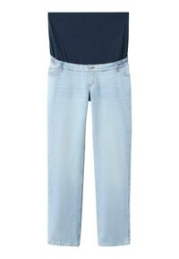 Jasnoniebieskie dżinsy ciążowe z elastycznym czarnym pasem, zaprojektowane dla komfortu i wsparcia podczas ciąży.